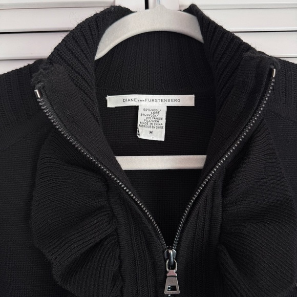 Diane von Furstenberg Wool Mock Neck Cardigan Sweater Chunky Moto Black Medium - Picture 6 of 11